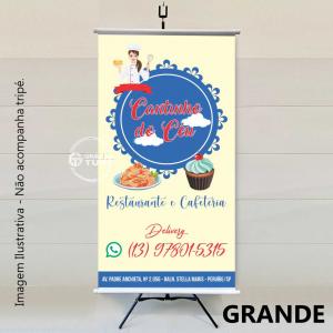 Banner Grande - 0,80x1,50 mts Lona 440g 0,80x1,50 metros Colorido frente 4x0 Sem revestimento Bastão em cima e em baixo, e cordão de nylon branco 